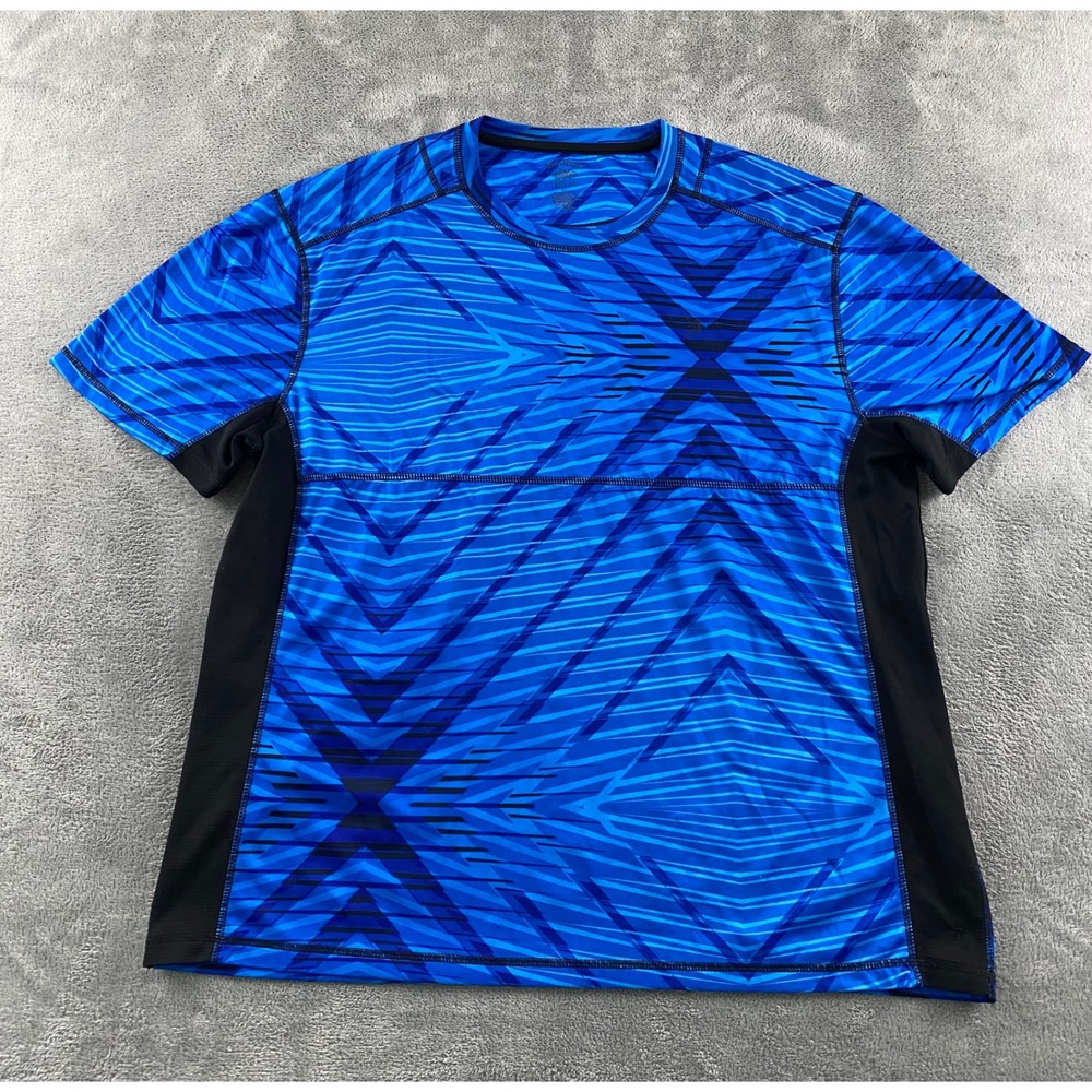 Reel Legends Freeline Mens XL Blue Geometric Performance Fishing Shirt SS Mesh